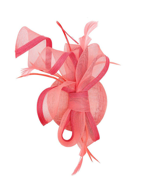 Goddiva Round Pill Box Fascinator With Bow & Feathers In Coral By SVNX