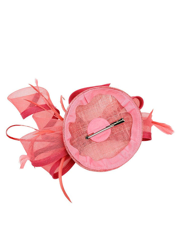 Goddiva Round Pill Box Fascinator With Bow & Feathers In Coral By SVNX