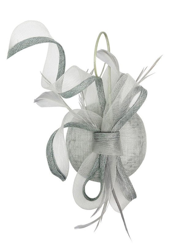 Goddiva Round Pill Box Fascinator With Bow & Feathers In Grey By SVNX