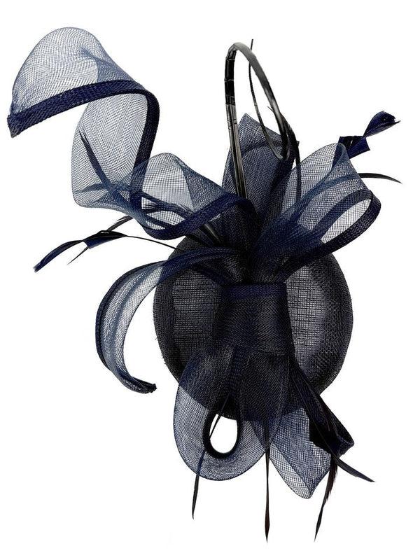 Goddiva Round Pill Box Fascinator With Bow & Feathers In Navy By SVNX