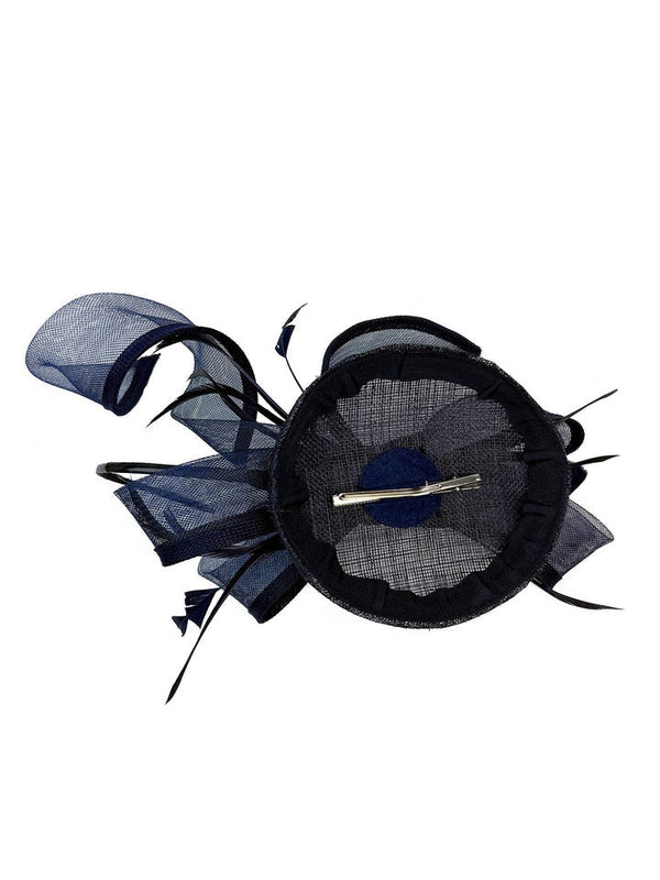 Goddiva Round Pill Box Fascinator With Bow & Feathers In Navy By SVNX
