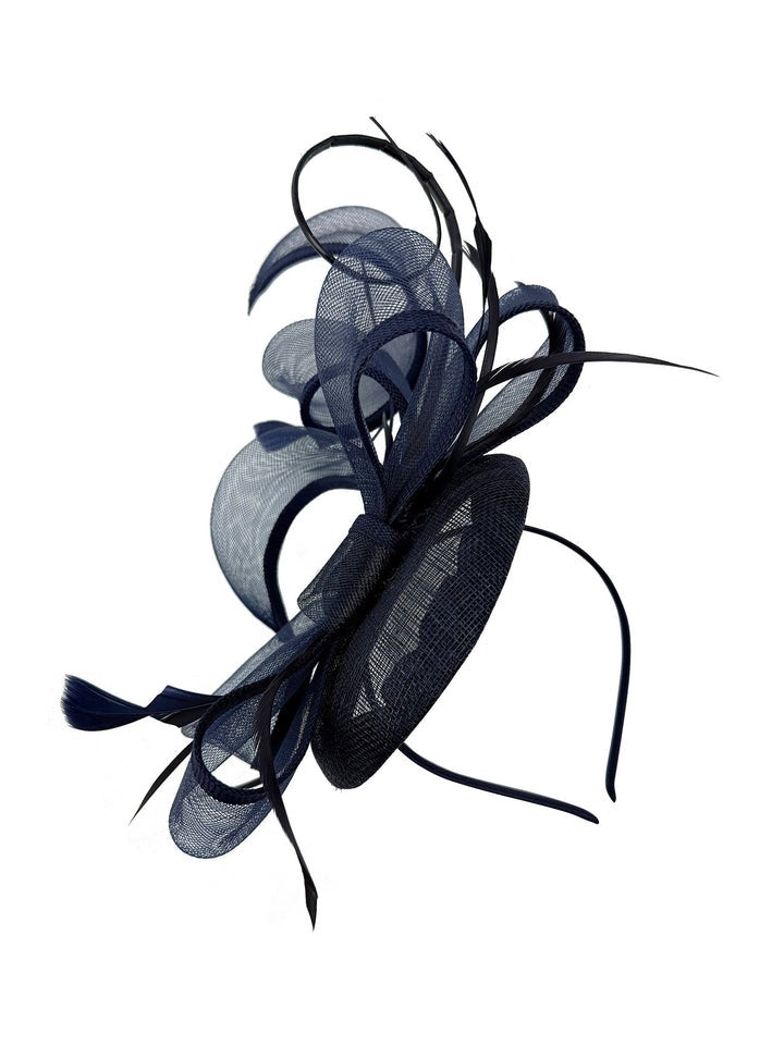 goddiva Round Pill Box Fascinator With Bow & Feathers In Navy by SVNX
