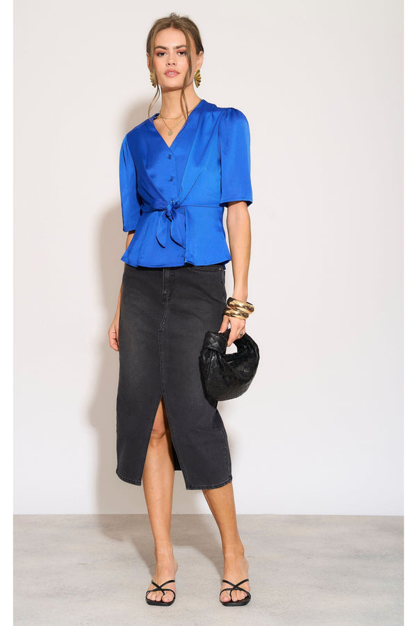Goddiva Royal Blue Short Sleeve Knotted Crepe Satin Top By LOVE SUNSHINE