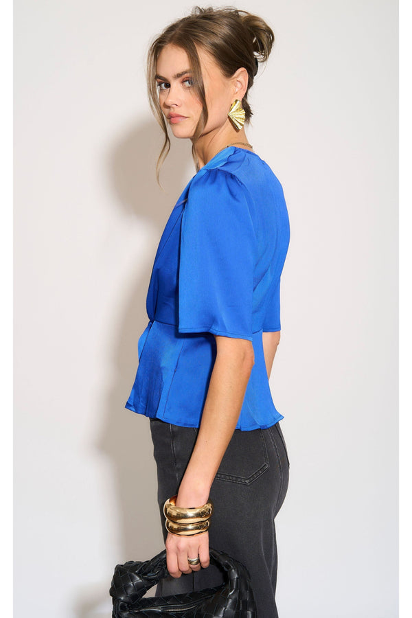Goddiva Royal Blue Short Sleeve Knotted Crepe Satin Top By LOVE SUNSHINE