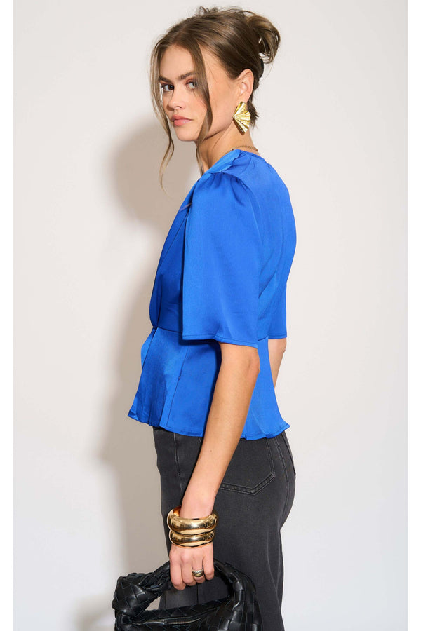 Goddiva Royal Blue Short Sleeve Knotted Crepe Satin Top By LOVE SUNSHINE