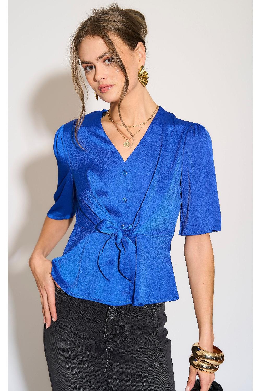 goddiva Royal Blue Short Sleeve Knotted Crepe Satin Top by LOVE SUNSHINE