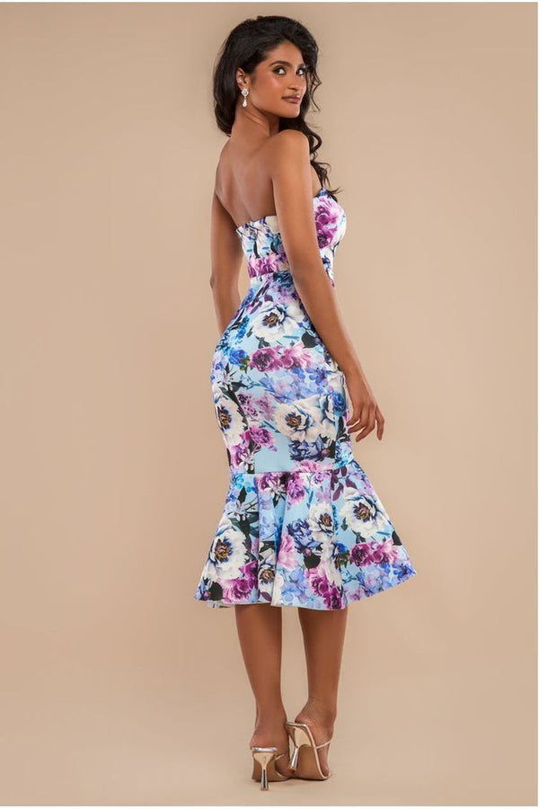 Goddiva Ruffled Floral Scuba Foam Bandeau Midi Dress - Blue By Goddiva