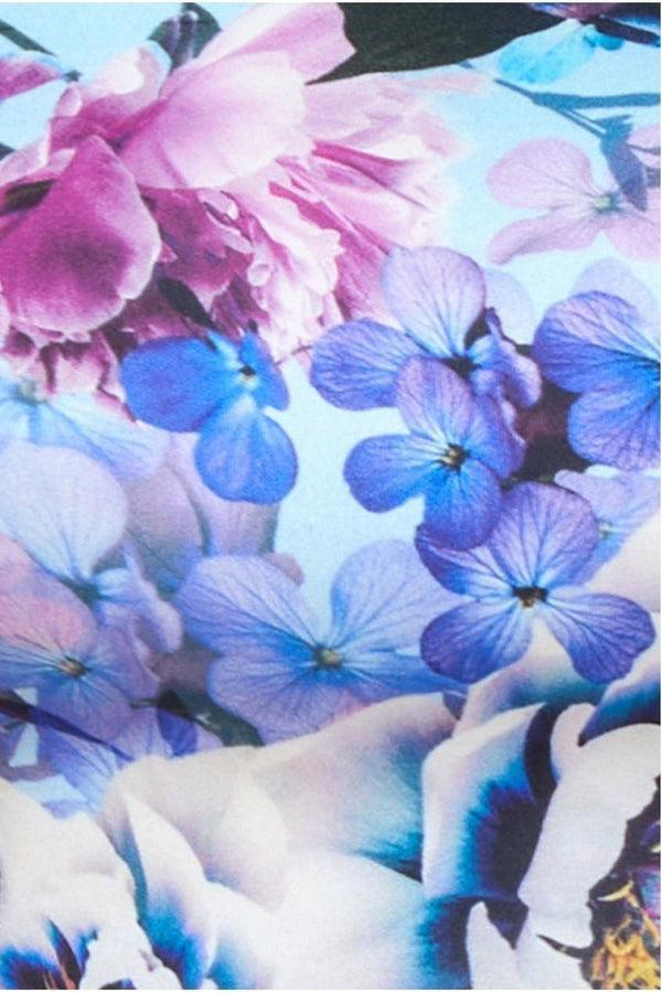 Goddiva Ruffled Floral Scuba Foam Bandeau Midi Dress - Blue By Goddiva