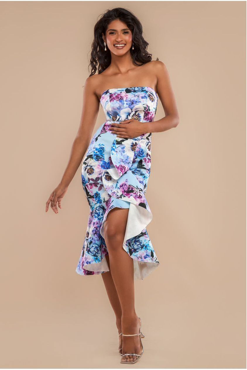 goddiva Ruffled Floral Scuba Foam Bandeau Midi Dress - Blue by Goddiva