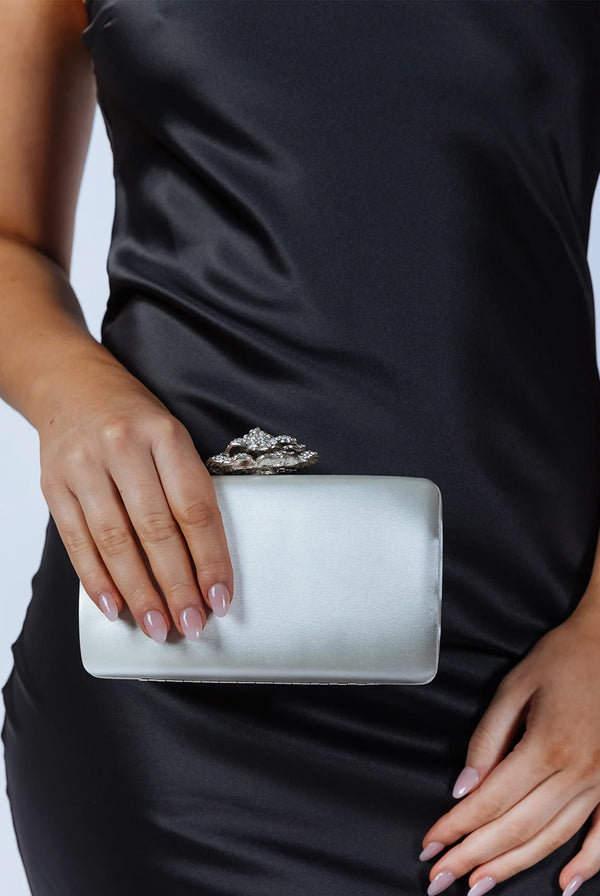 Goddiva Satin Clutch Bag With Rose Jewel In Ivory By SVNX