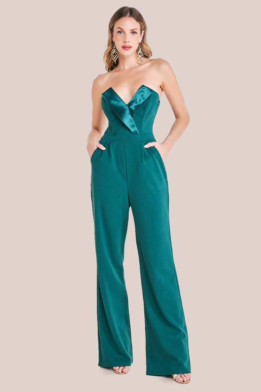 goddiva Satin Collar Scuba Jumpsuit - Emerald Green by Goddiva