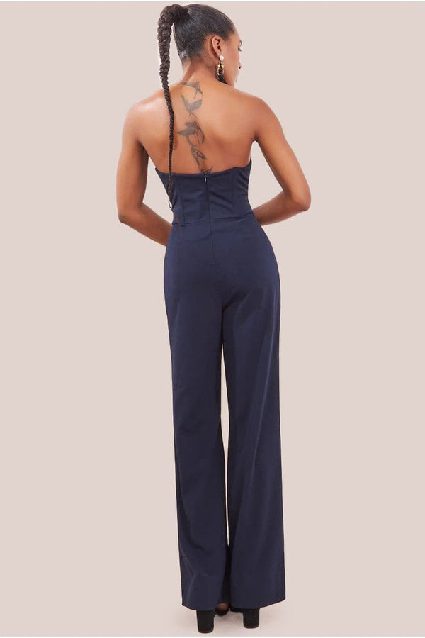 Goddiva Satin Collar Scuba Jumpsuit - Navy By Goddiva