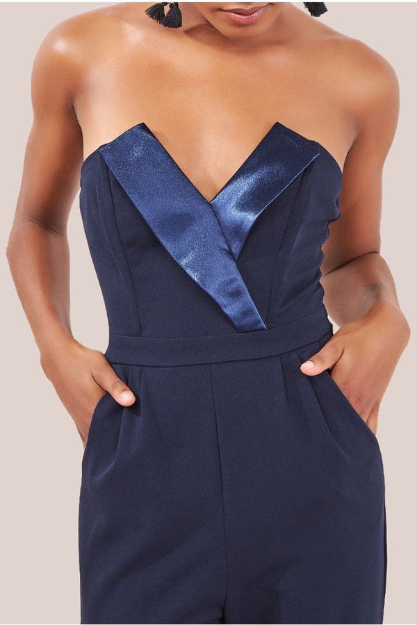 Goddiva Satin Collar Scuba Jumpsuit - Navy By Goddiva