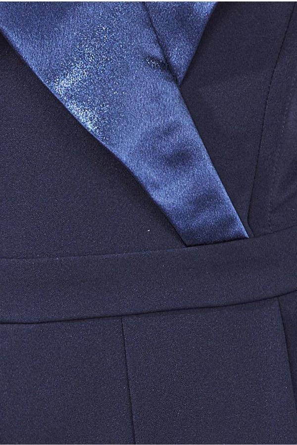 Goddiva Satin Collar Scuba Jumpsuit - Navy By Goddiva