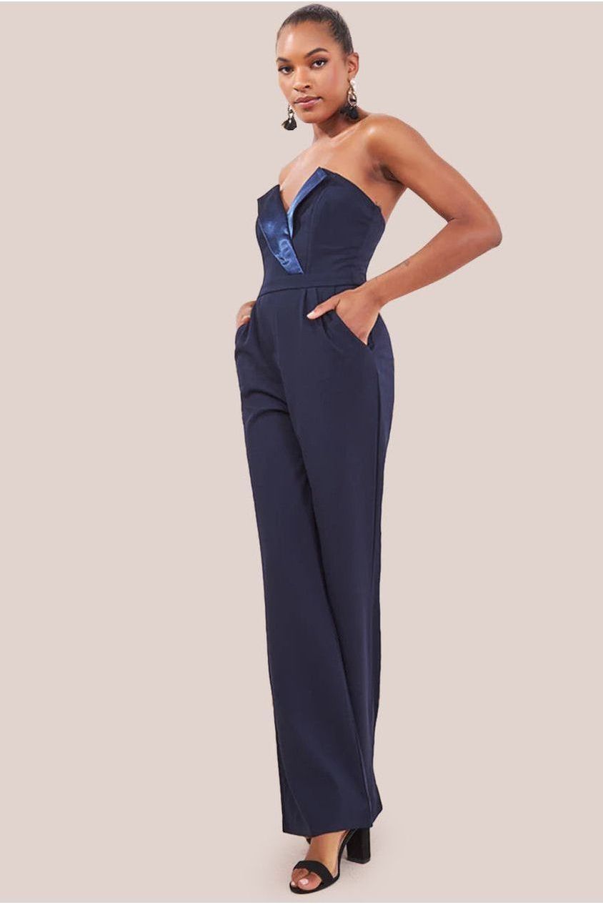 goddiva Satin Collar Scuba Jumpsuit - Navy by Goddiva