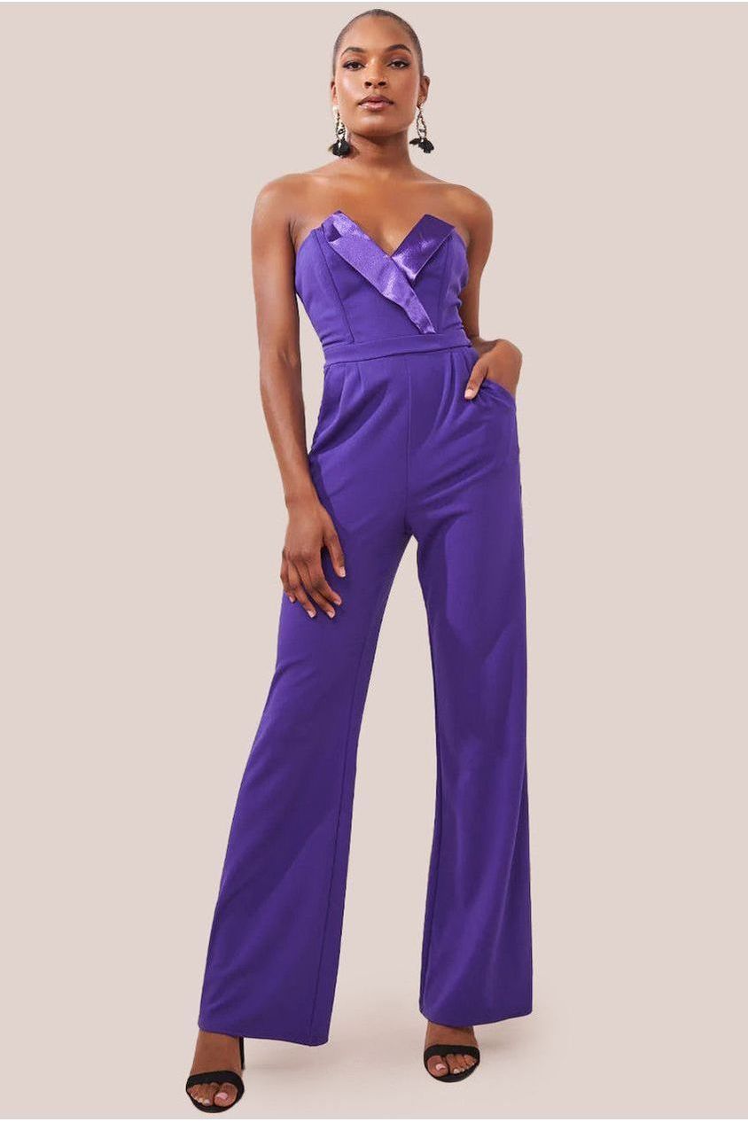 goddiva Satin Collar Scuba Jumpsuit - Purple by Goddiva