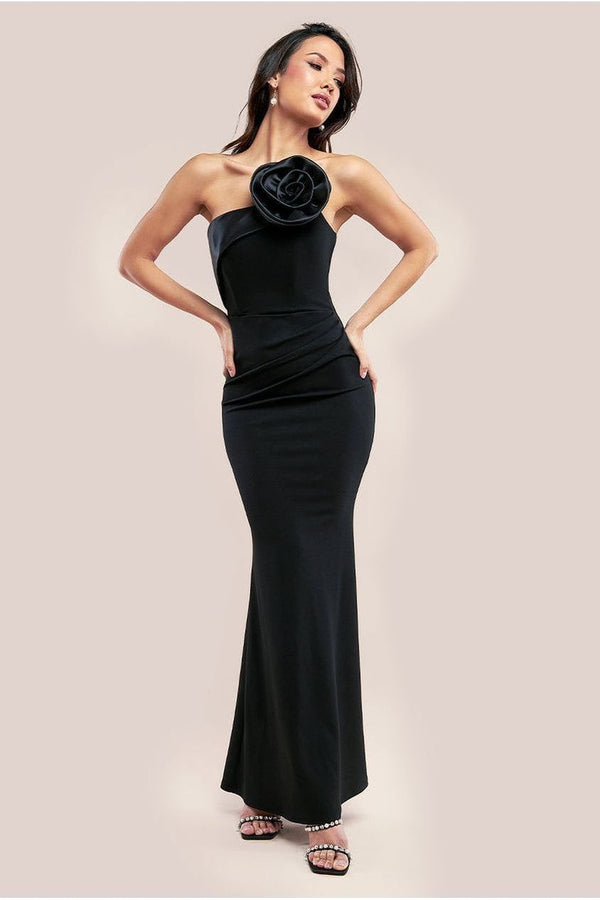 Goddiva Satin Corsage Scuba Crepe Maxi Dress - Black By Goddiva