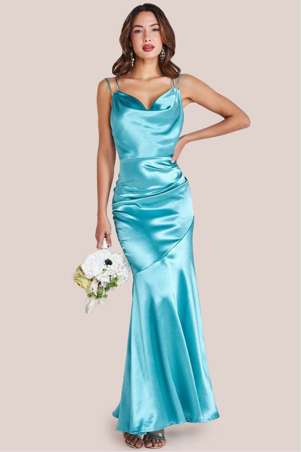 Goddiva Satin Cowl Neck With Strappy Back Maxi - Aqua By Goddiva
