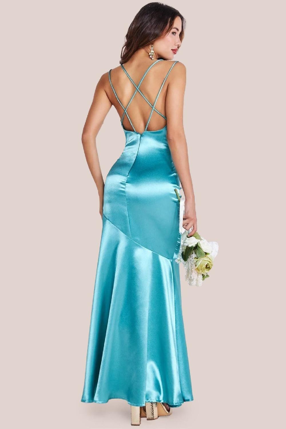 goddiva Satin Cowl Neck With Strappy Back Maxi - Aqua by Goddiva