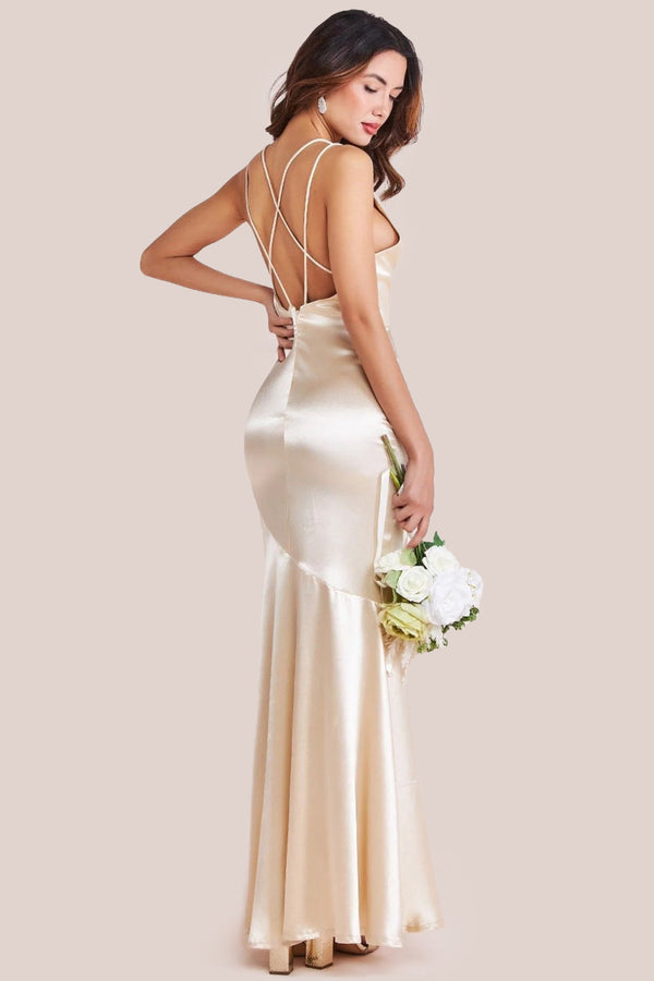 Goddiva Satin Cowl Neck With Strappy Back Maxi - Champagne By Goddiva