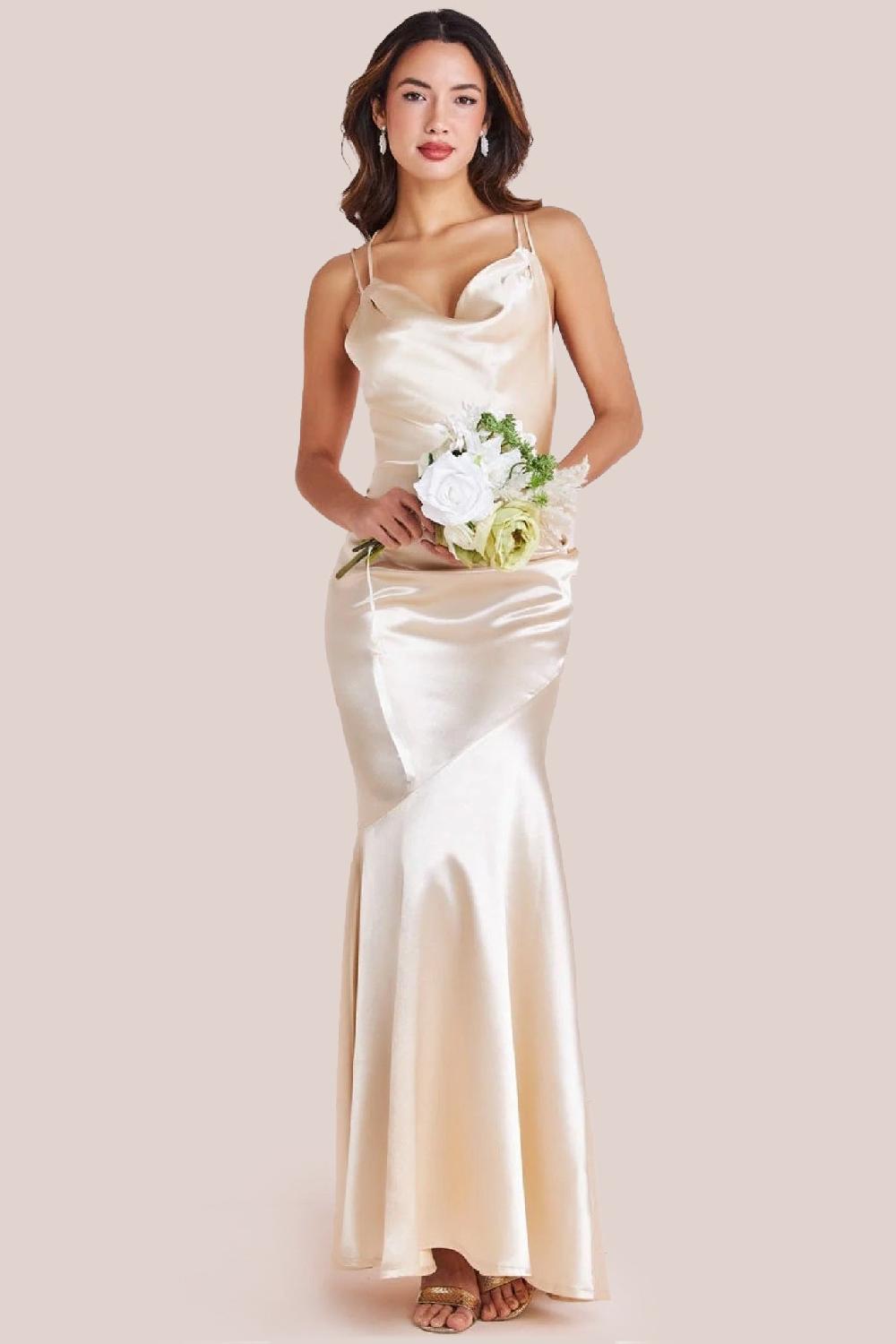 goddiva Satin Cowl Neck With Strappy Back Maxi - Champagne by Goddiva