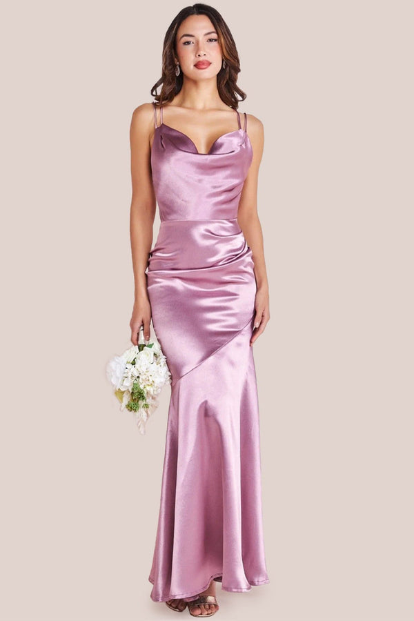 Goddiva Satin Cowl Neck With Strappy Back Maxi - Pink By Goddiva