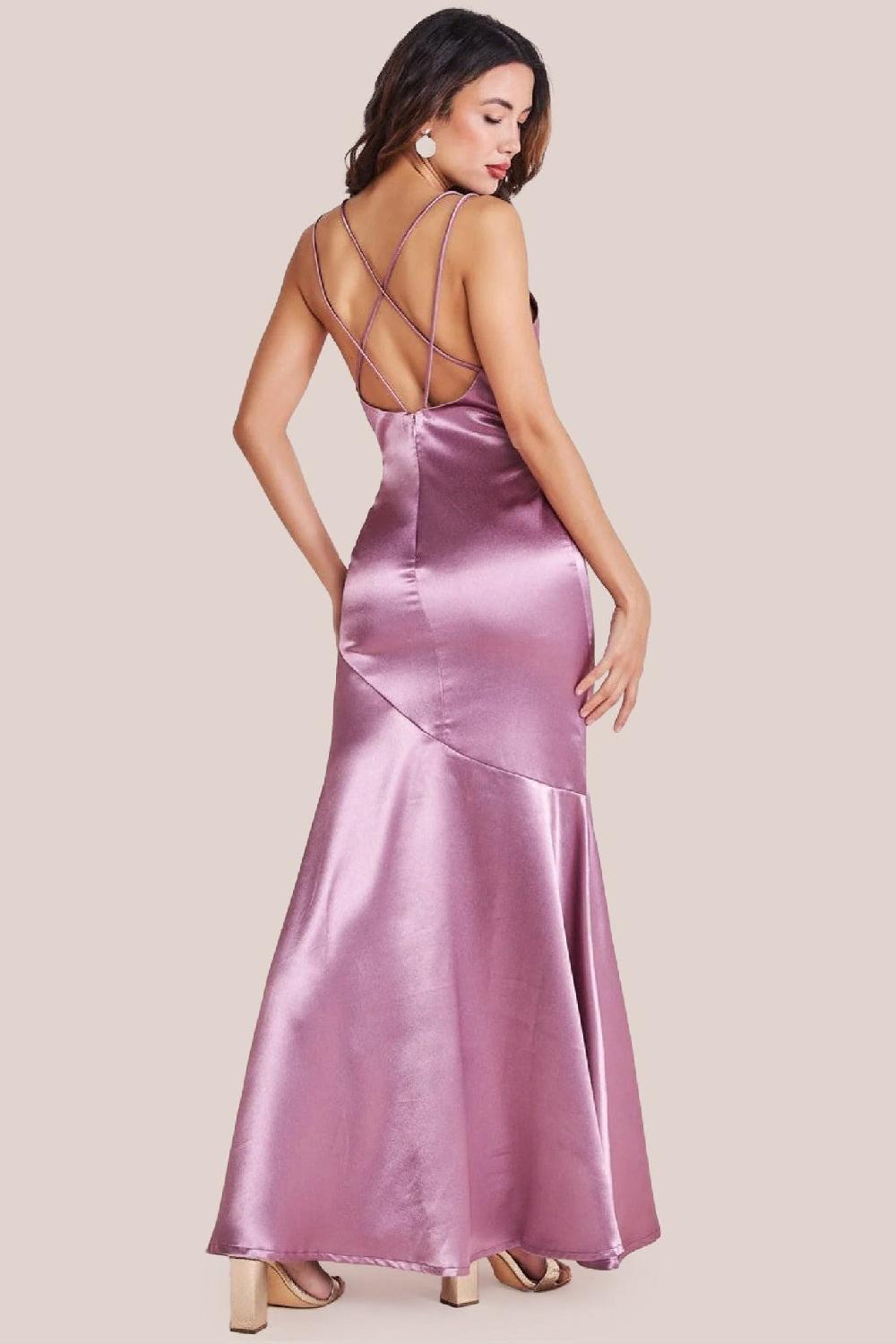 goddiva Satin Cowl Neck With Strappy Back Maxi - Pink by Goddiva