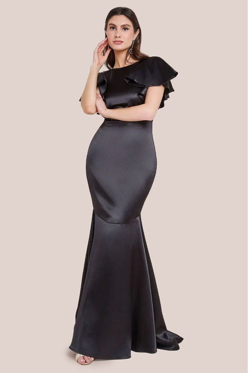 goddiva Satin Flutter Sleeve Mermaid Maxi - Black by Goddiva