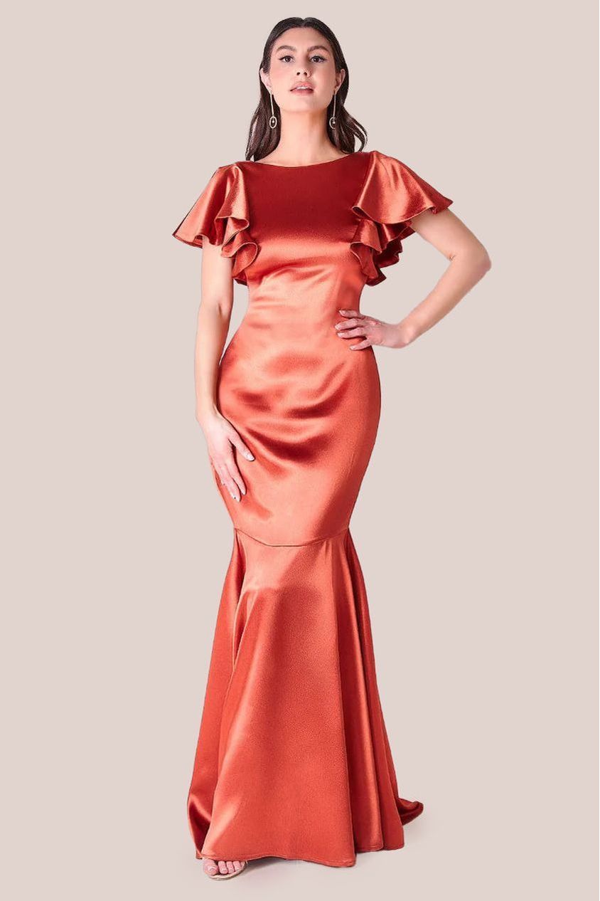 goddiva Satin Flutter Sleeve Mermaid Maxi - Burntorange by Goddiva