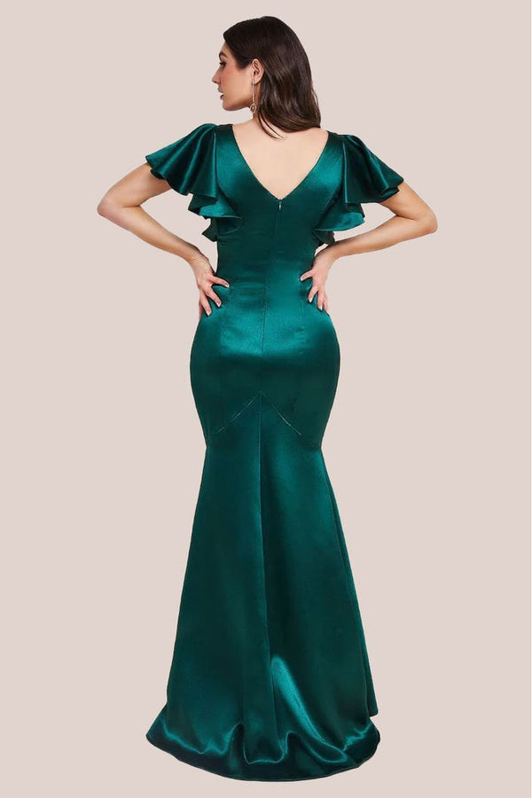 Goddiva Satin Flutter Sleeve Mermaid Maxi - Emerald Green By Goddiva