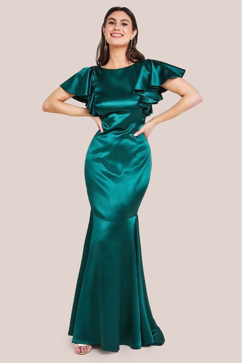 goddiva Satin Flutter Sleeve Mermaid Maxi - Emerald Green by Goddiva