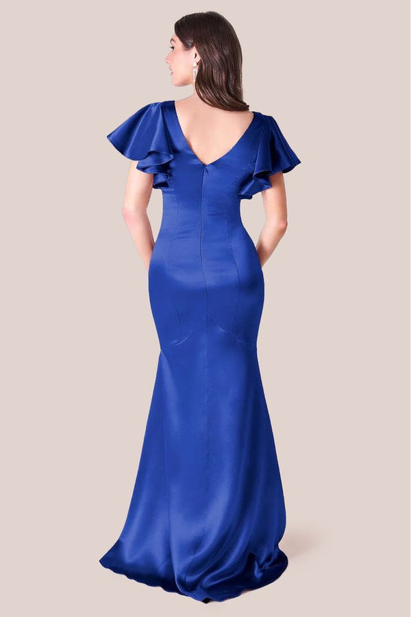 Goddiva Satin Flutter Sleeve Mermaid Maxi - Navy By Goddiva