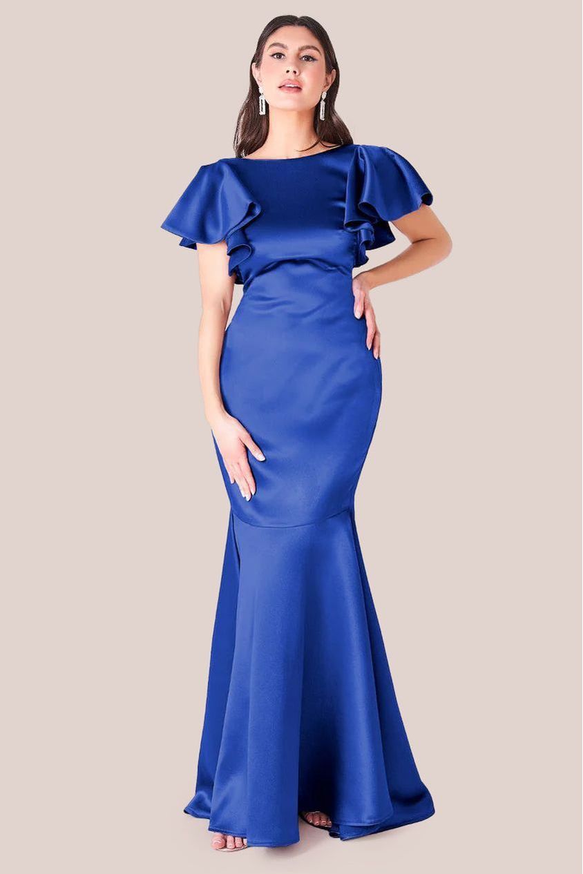 goddiva Satin Flutter Sleeve Mermaid Maxi - Navy by Goddiva