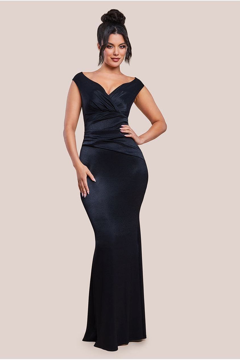 goddiva Satin Off The Shoulder Maxi Dress - Black by Goddiva