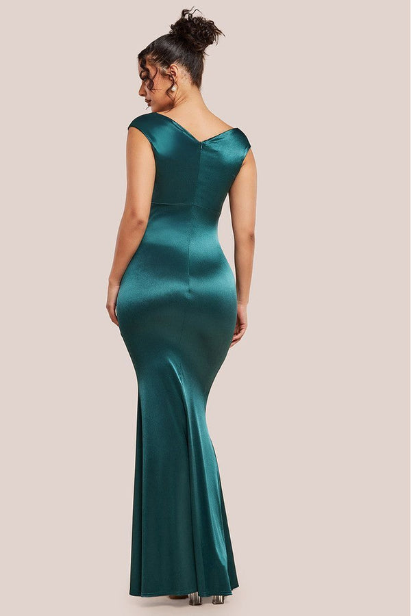 Goddiva Satin Off The Shoulder Maxi Dress - Emerald Green By Goddiva