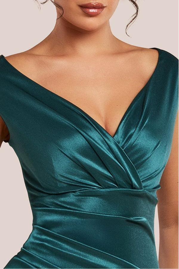 Goddiva Satin Off The Shoulder Maxi Dress - Emerald Green By Goddiva