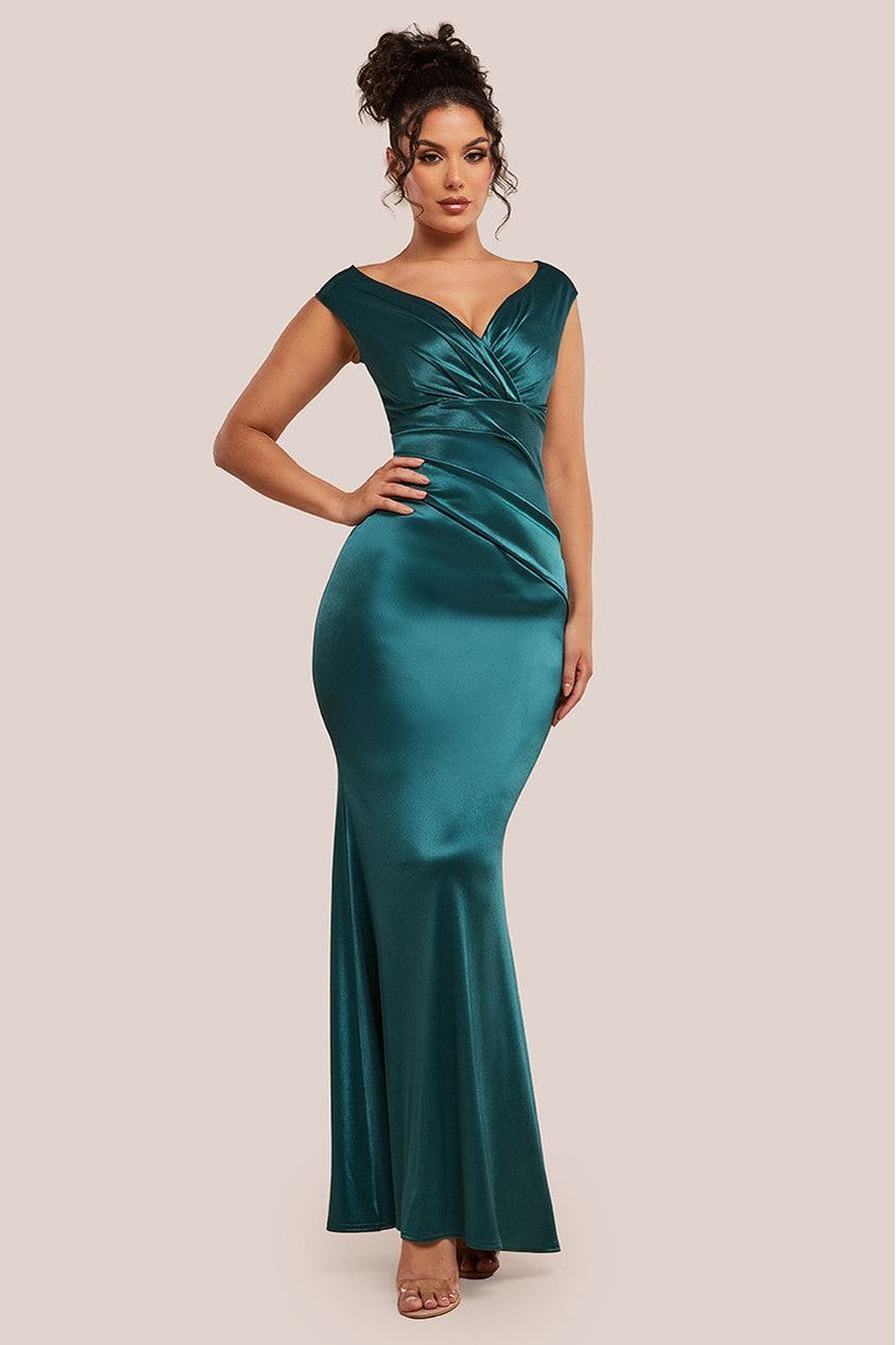 goddiva Satin Off The Shoulder Maxi Dress - Emerald Green by Goddiva