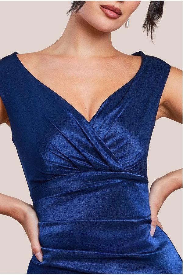 Goddiva Satin Off The Shoulder Maxi Dress - Navy Blue By Goddiva