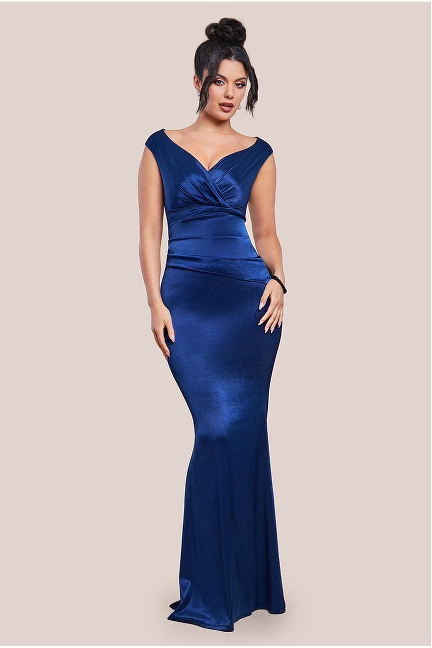 goddiva Satin Off The Shoulder Maxi Dress - Navy Blue by Goddiva