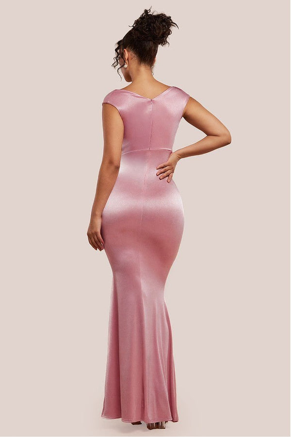 Goddiva Satin Off The Shoulder Maxi Dress - Pink By Goddiva