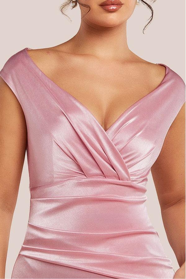 Goddiva Satin Off The Shoulder Maxi Dress - Pink By Goddiva