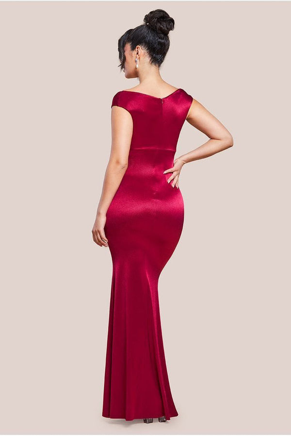 Goddiva Satin Off The Shoulder Maxi Dress - Wine By Goddiva