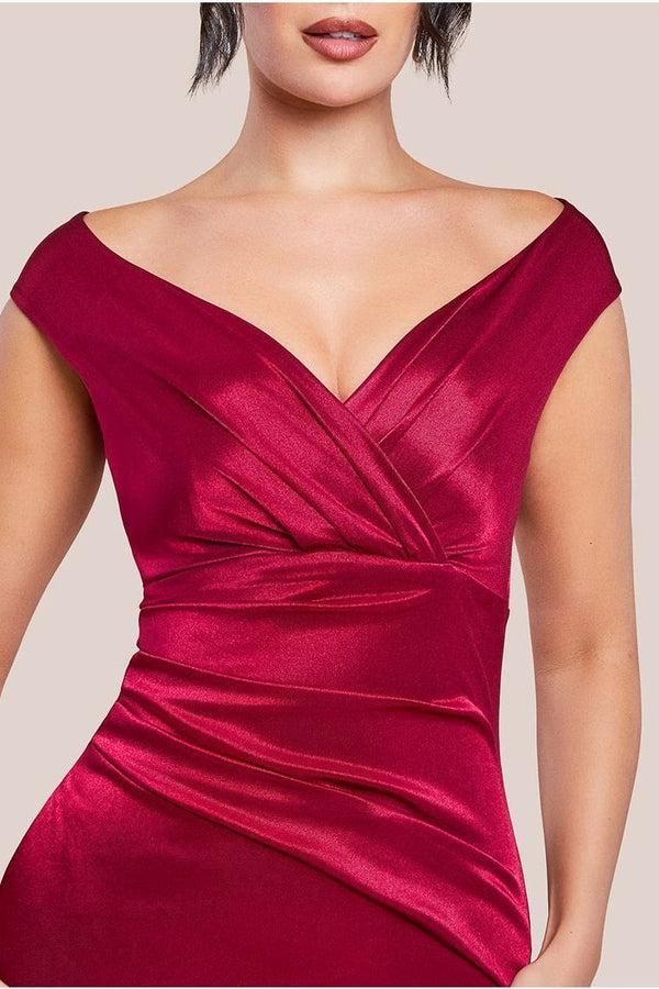 Goddiva Satin Off The Shoulder Maxi Dress - Wine By Goddiva