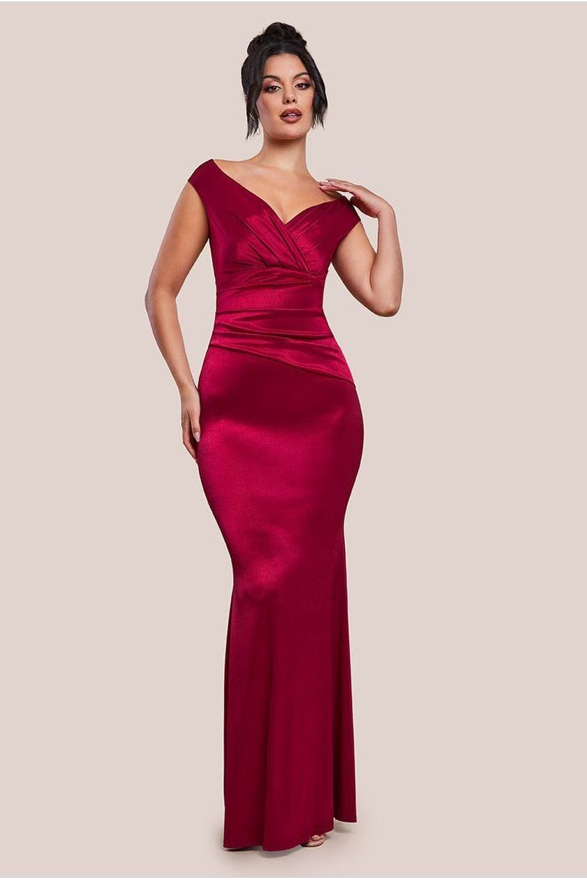 goddiva Satin Off The Shoulder Maxi Dress - Wine by Goddiva