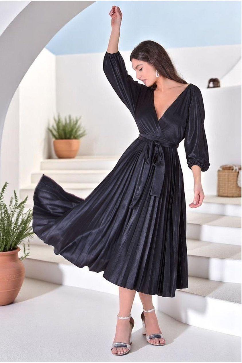 goddiva Satin Pleated Skirt Wrap Midi Dress - Black by Goddiva