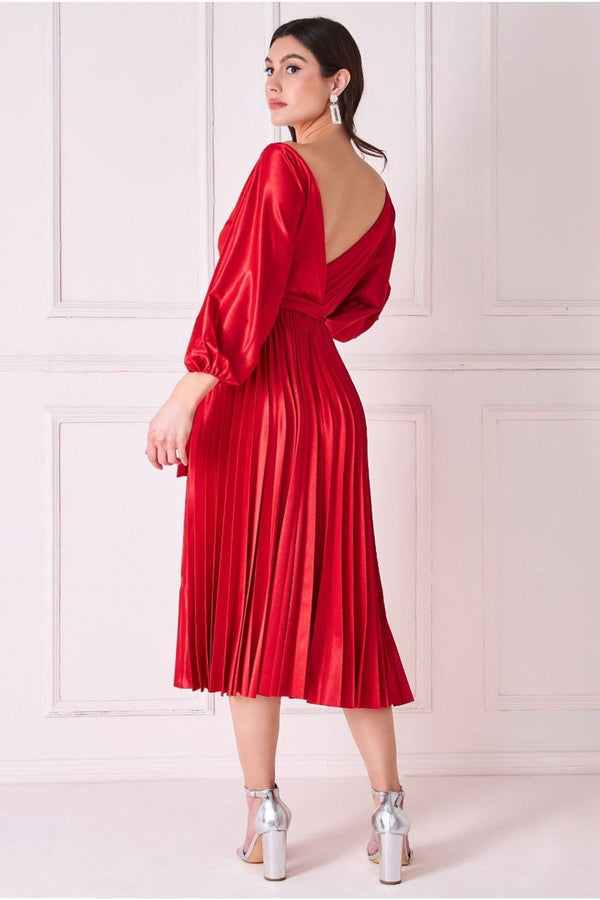 Goddiva Satin Pleated Skirt Wrap Midi Dress - Red By Goddiva