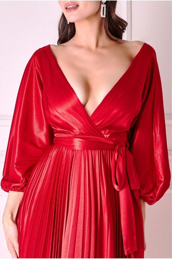 Goddiva Satin Pleated Skirt Wrap Midi Dress - Red By Goddiva
