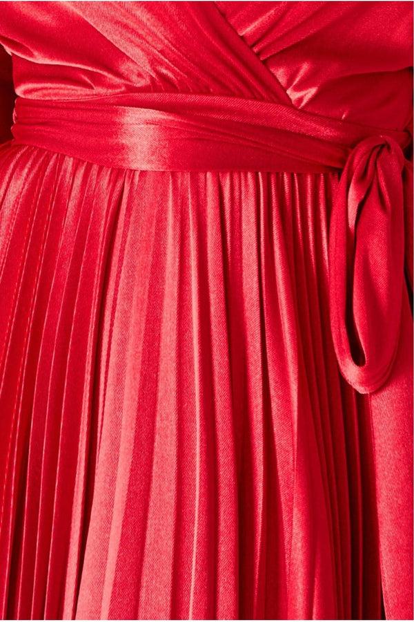 Goddiva Satin Pleated Skirt Wrap Midi Dress - Red By Goddiva