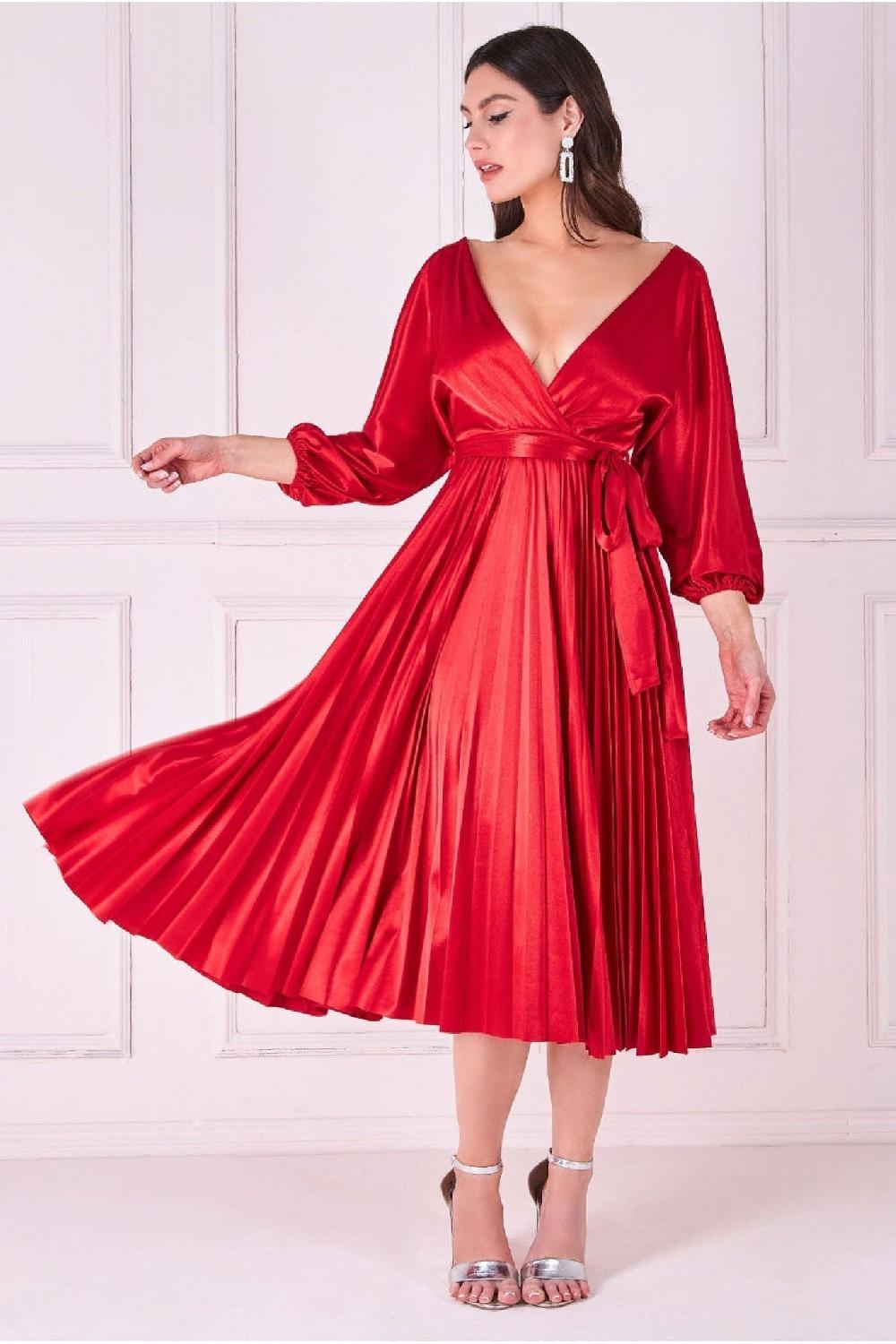 goddiva Satin Pleated Skirt Wrap Midi Dress - Red by Goddiva