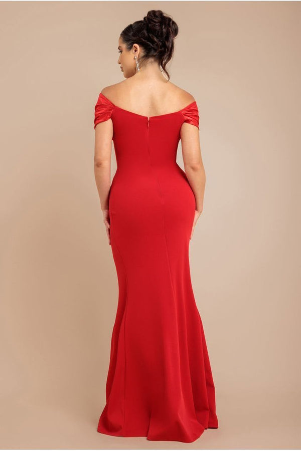 Goddiva Satin & Scuba Off The Shoulder Maxi Dress - Red By Goddiva